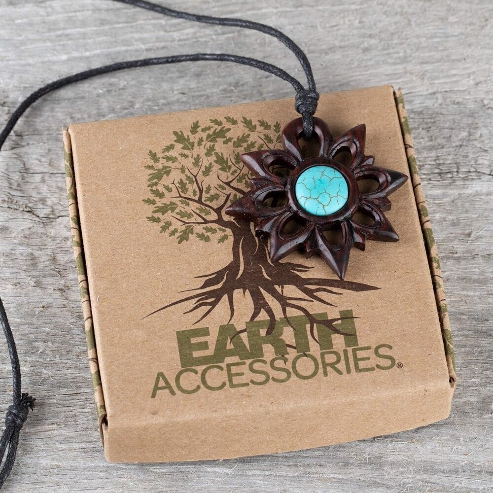 Adjustable Wooden Necklace Organic Turquoise Mandala Flower Women Jewelry - Picture 4 of 7